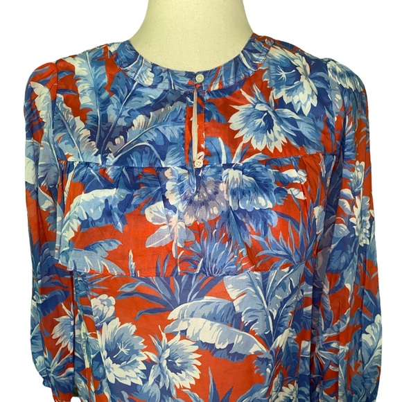 NWT J. Crew Ratti Red Orange & Light Blue Floral Blouse w/ Ruffle - XS P - Picture 4 of 12